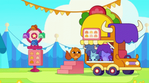 A Cartoon Illustration Of A Ferris Wheel And A Food Truck With The Letter B On It GIF