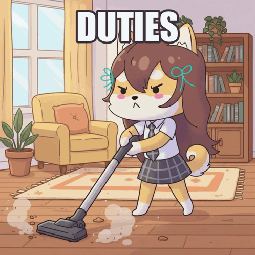 A Cartoon Illustration Of A Girl Vacuuming The Floor With The Word Duties Written Above Her GIF