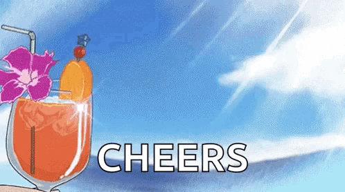 A Cartoon Illustration Of A Glass Of Orange Juice With A Straw And The Words `` Cheers '' Written Below It . GIF