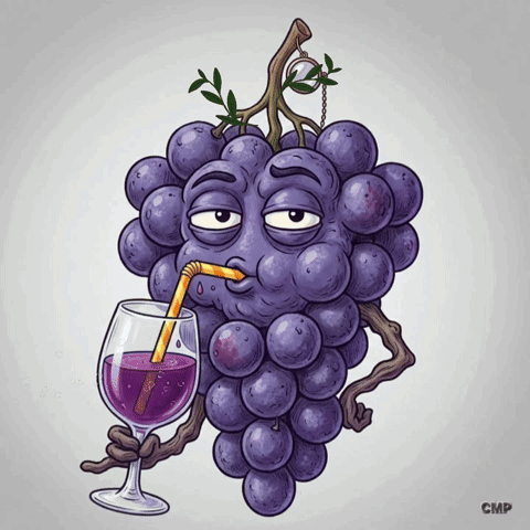 A Cartoon Illustration Of A Grape Drinking From A Glass With A Straw GIF