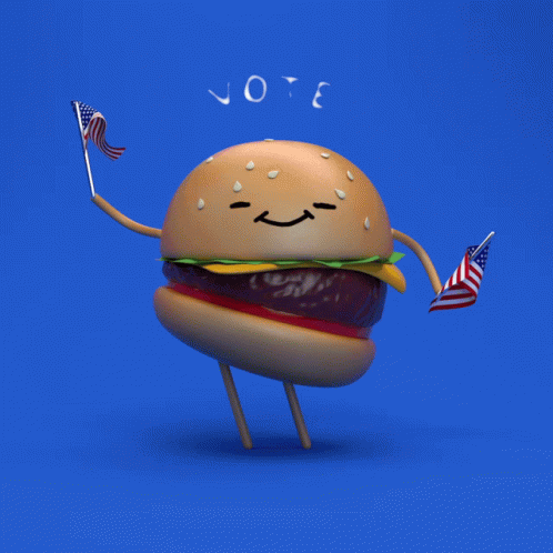 A Cartoon Illustration Of A Hamburger Holding Two American Flags And The Word Vote Behind It GIF