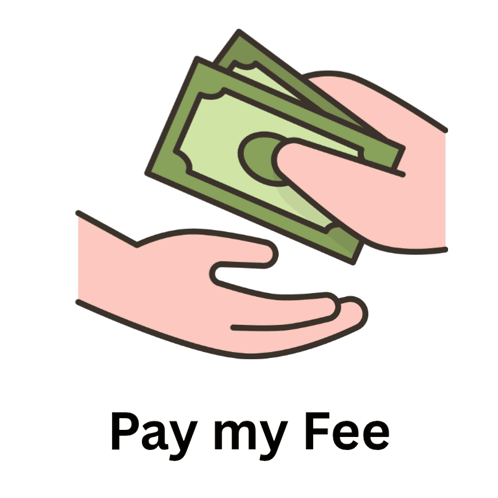 a cartoon illustration of a hand holding money and the words pay my fee below it