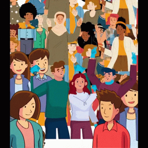 A Cartoon Illustration Of A Large Group Of People Wearing Face Masks GIF