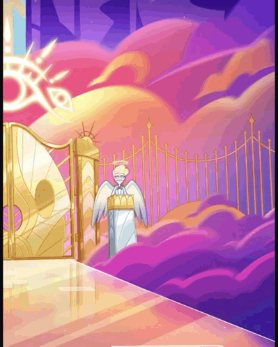 A Cartoon Illustration Of A Man With Wings Standing In Front Of A Gate GIF