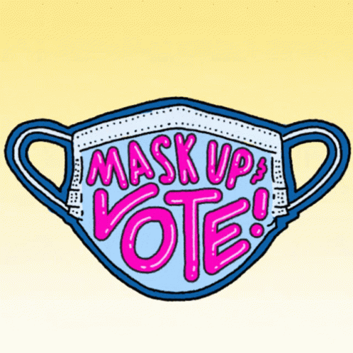 A Cartoon Illustration Of A Mask With The Words `` Mask Up Vote '' Written On It . GIF