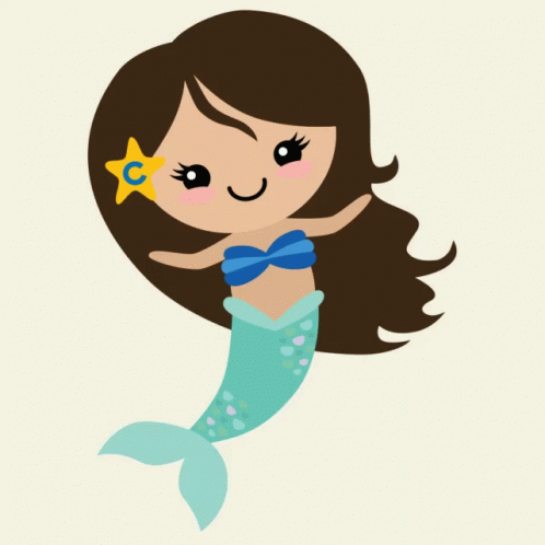 A Cartoon Illustration Of A Mermaid With Brown Hair And A Blue Tail GIF
