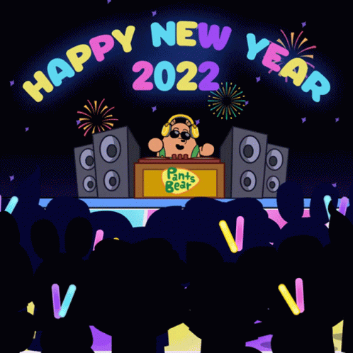 A Cartoon Illustration Of A Party With The Words Happy New Year 2022 Above It GIF