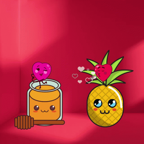 A Cartoon Illustration Of A Pineapple And A Jar Of Honey With A Heart Sticking Out Of It GIF