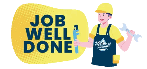 a cartoon illustration of a plumber holding a wrench and a pipe wrench with the words job well done behind him