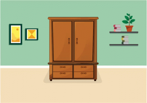 a cartoon illustration of a room with a wardrobe and shelves of books