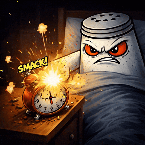 A Cartoon Illustration Of A Salt Shaker Exploding An Alarm Clock With The Word Smack Above It GIF