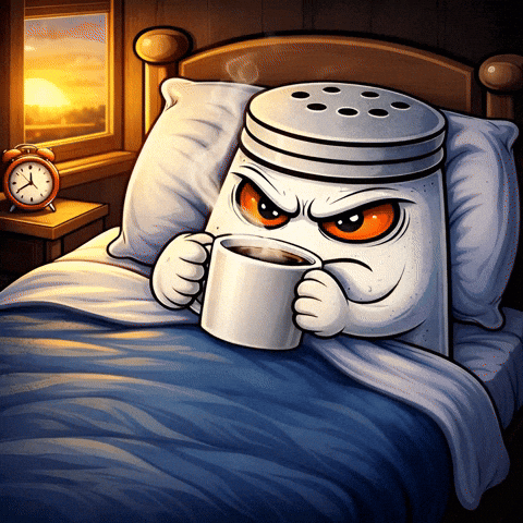A Cartoon Illustration Of A Salt Shaker In Bed Holding A Cup Of Coffee GIF
