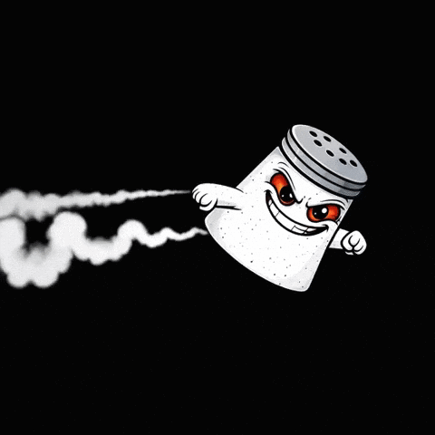 A Cartoon Illustration Of A Salt Shaker With Smoke Coming Out Of It 'S Mouth On A Black Background . GIF