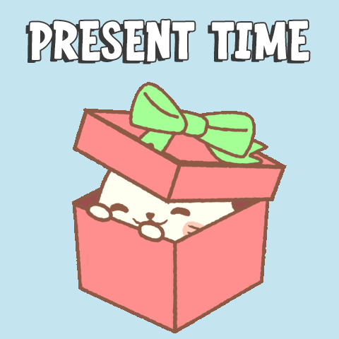 A Cartoon Illustration Of A Seal In A Gift Box With The Words Present Time Above It GIF