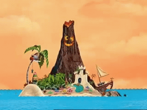 a cartoon illustration of a small island with a volcano and a castle