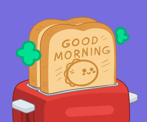 a cartoon illustration of a toaster that says good morning