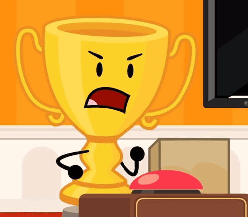 A Cartoon Illustration Of A Trophy With An Angry Face And Arms GIF