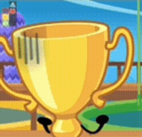 A Cartoon Illustration Of A Trophy With Arms And Legs . GIF