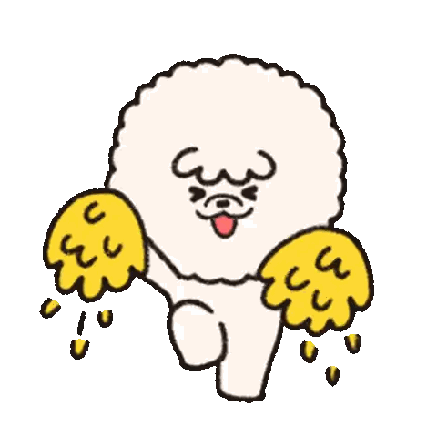 a cartoon illustration of a white fluffy dog with yellow wings and a tongue sticking out .