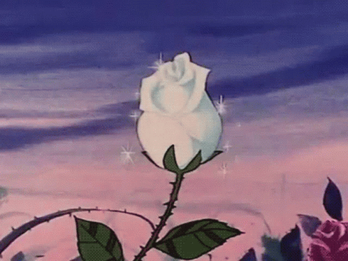 A Cartoon Illustration Of A White Rose With Thorns And Leaves Against A Pink And Blue Sky . GIF