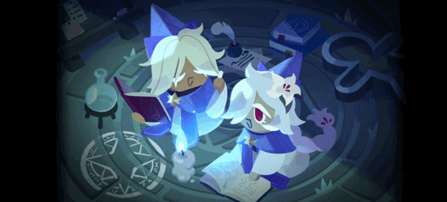 A Cartoon Illustration Of A Witch Reading A Book And A Cat Reading A Book GIF