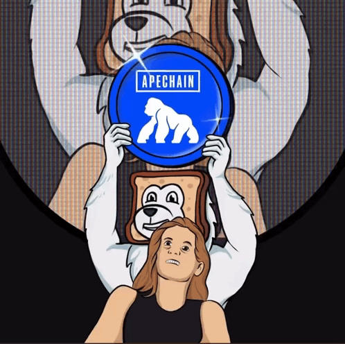 Cartoon Woman Holding Blue Apechain Coin GIF