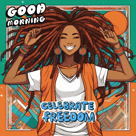 A Cartoon Illustration Of A Woman With Dreadlocks And The Words Good Morning Celebrate Freedom GIF