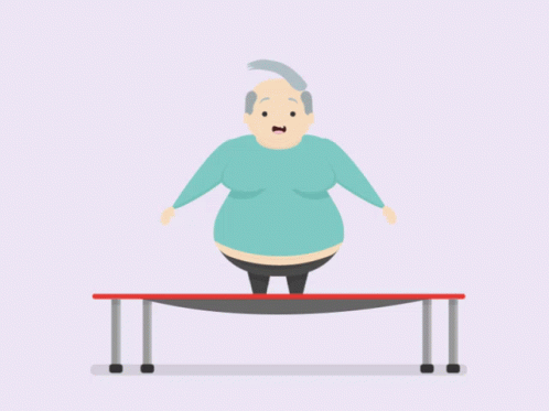 A Cartoon Illustration Of An Elderly Man Standing On A Trampoline GIF