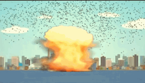 A Cartoon Illustration Of An Explosion With Birds Flying Around It GIF