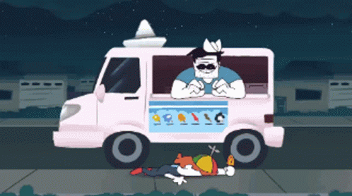 A Cartoon Illustration Of An Ice Cream Truck With A Man In The Driver 'S Seat GIF