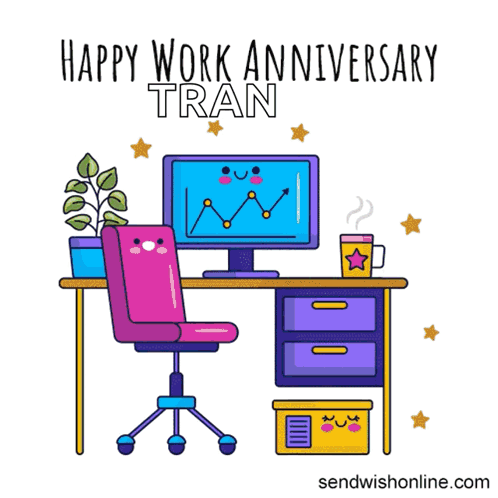 A Cartoon Illustration Of An Office With The Words Happy Work Anniversary Tran At The Top GIF