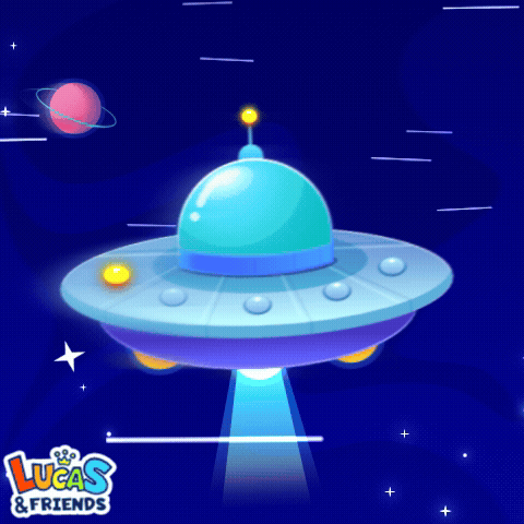 A Cartoon Illustration Of An Ufo With The Words Lucas & Friends On The Bottom GIF