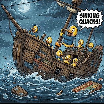 A Cartoon Illustration Of Ducks On A Boat With The Words Sinking Quacks Above It GIF