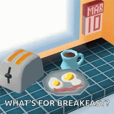 A Cartoon Illustration Of Eggs Bacon And Coffee With The Words " What 'S For Breakfast " Below It GIF