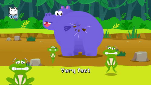 A Cartoon Illustration Of Frogs And A Hippo That Says Very Fast On The Bottom GIF