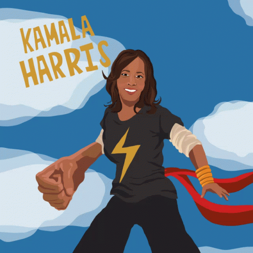 A Cartoon Illustration Of Kamala Harris With A Lightning Bolt On Her Chest GIF