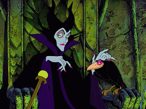 A Cartoon Illustration Of Maleficent Holding A Crow GIF