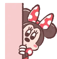 a cartoon illustration of minnie mouse peeking over a wall .