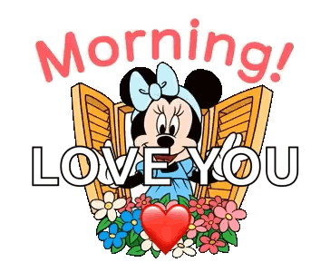 A Cartoon Illustration Of Minnie Mouse With Flowers And A Heart And The Words `` Morning ! Love You '' . GIF