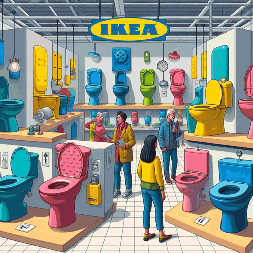 a cartoon illustration of people shopping for toilets at ikea