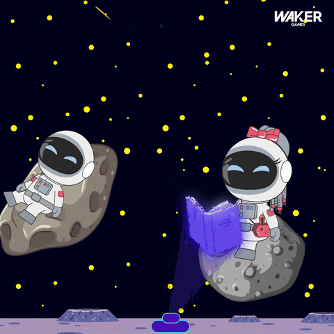 A Cartoon Illustration Of Two Astronauts Reading A Book GIF