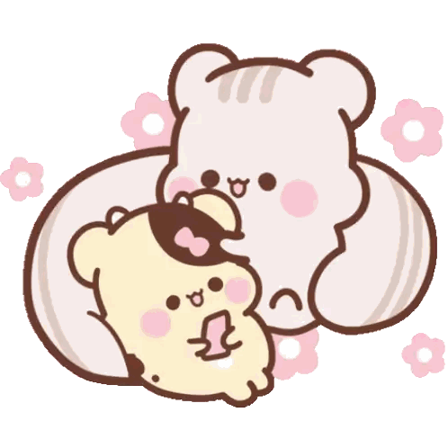 a cartoon illustration of two bears laying on a pillow