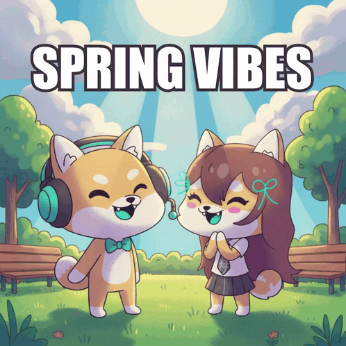 A Cartoon Illustration Of Two Shiba Inu Dogs Wearing Headphones And The Words Spring Vibes GIF