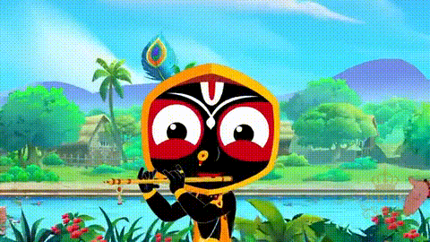 A Cartoon Krishna Is Playing A Flute In A Garden . GIF
