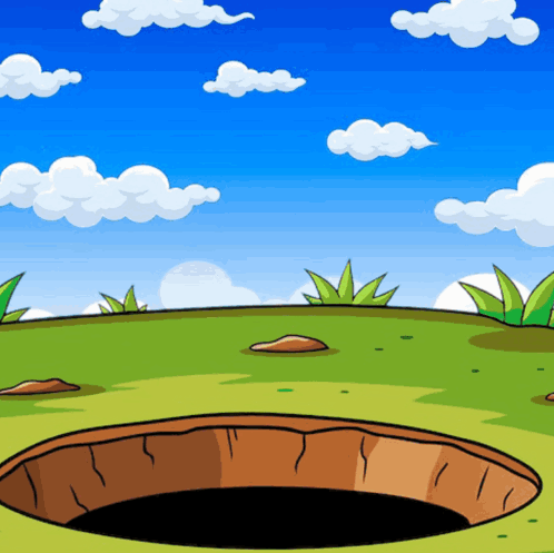 A Cartoon Landscape With A Hole In The Ground And A Blue Sky With Clouds GIF