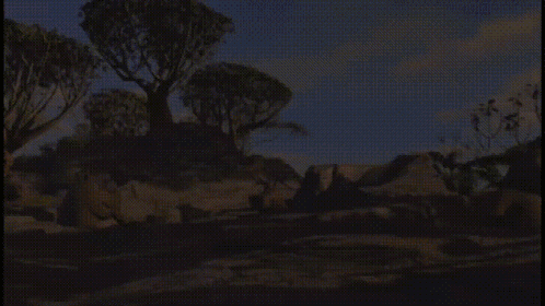 A Cartoon Landscape With Trees And Rocks In The Background GIF