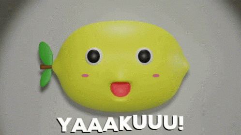 A Cartoon Lemon With A Green Leaf And The Words Yaaakuuu Written Below It GIF