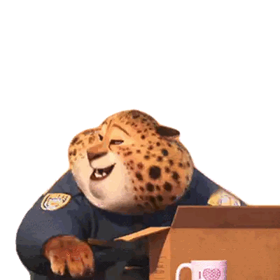 a cartoon leopard wearing a police uniform is standing next to a box