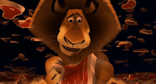 A Cartoon Lion Eating A Piece Of Meat With His Tongue Hanging Out GIF