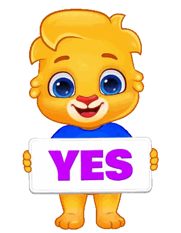 a cartoon lion holds a sign that says yes